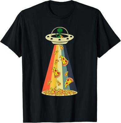 Pizza UFO Alien Abduction Graphic Retro Rainbow Light T-Shirt Funny Casual Cotton Tee