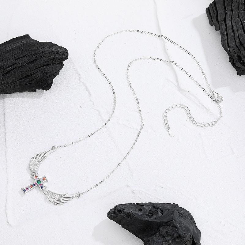 S925 Sterling Silver Angel Wings Necklace Women's Niche Design Wings Cross Pendant Light Luxury Premium Clavicle Chain