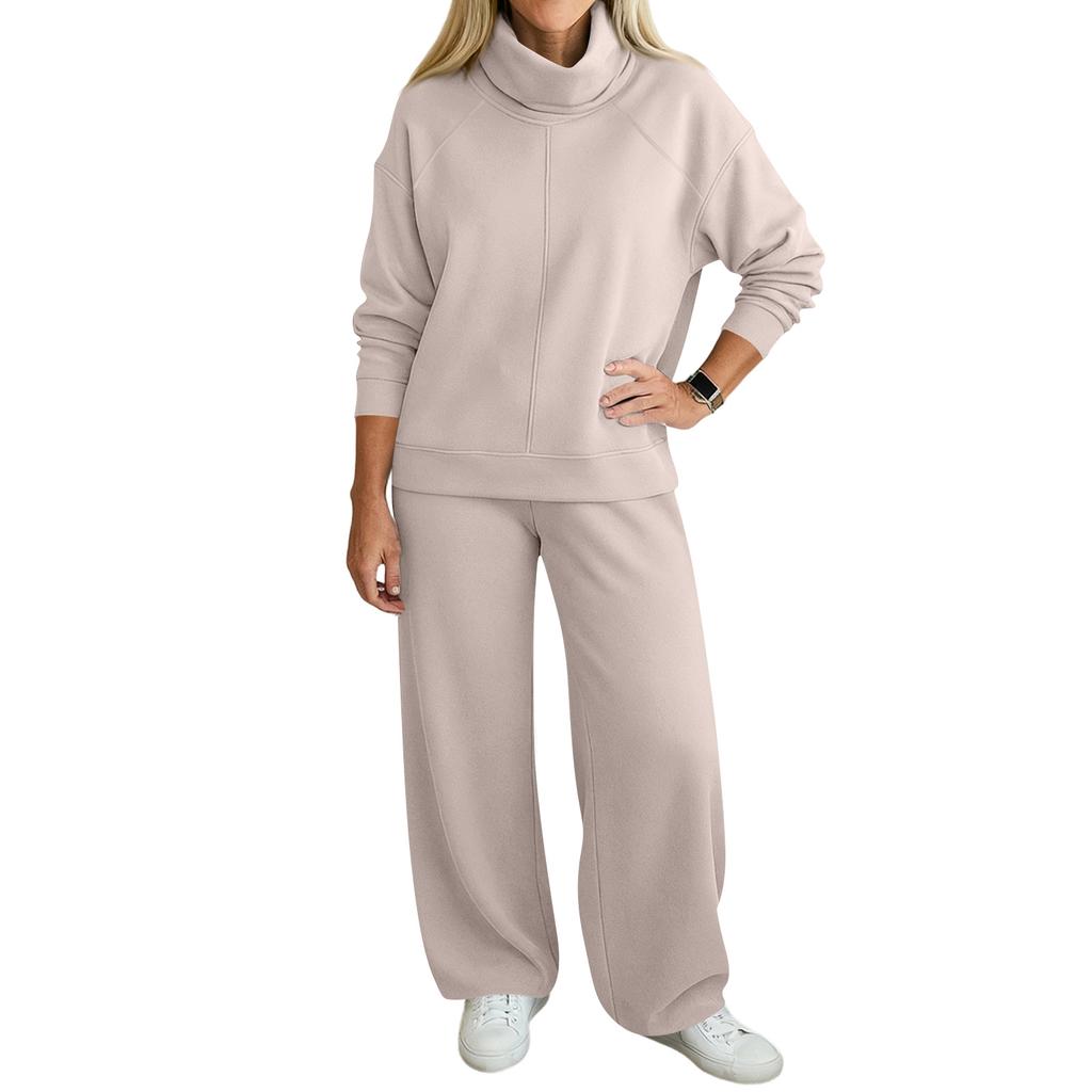 Women's Fashion Solid Color High Neck Long Sleeved Hem Slit Sweatshirt Top Casual Sweatpants Two-piece Set