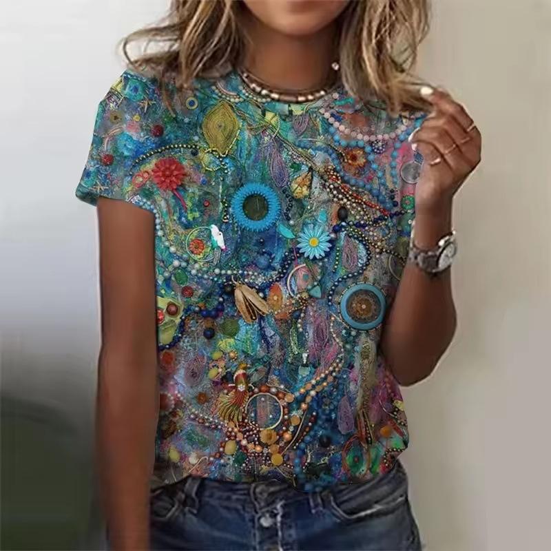 Women's T-shirt 3D Pattern Printed Casual Short Sleeved Vintage Floral Print O-Neck Top Fashionable Street Women's Clothing