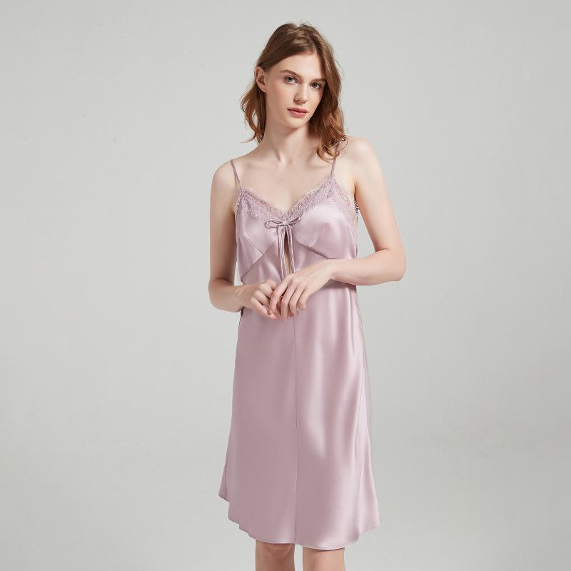 Mulberry Silk Women's Pajamas 19mm Silk Suspender Skirt Lace Bow Short Nightgown Backless Women's Sexy Pajamas Pajamas Pajamas