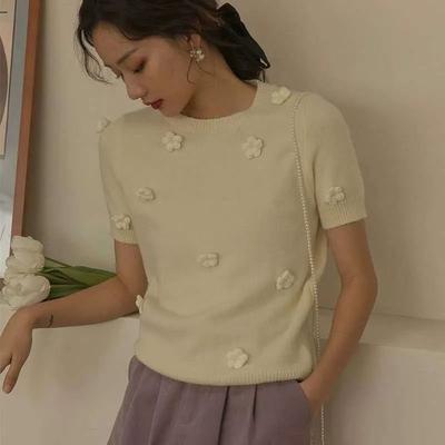 Örme Kısa Kollu Kadın Fransız Retro Üç Boyutlu Çiçekli Kazak Tembel Tarz Kazak