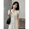 Summer New Sweet Wind Hollow Lace V-neck Short-sleeved Shirt Women's Slim and Thin Temperament Versatile Top