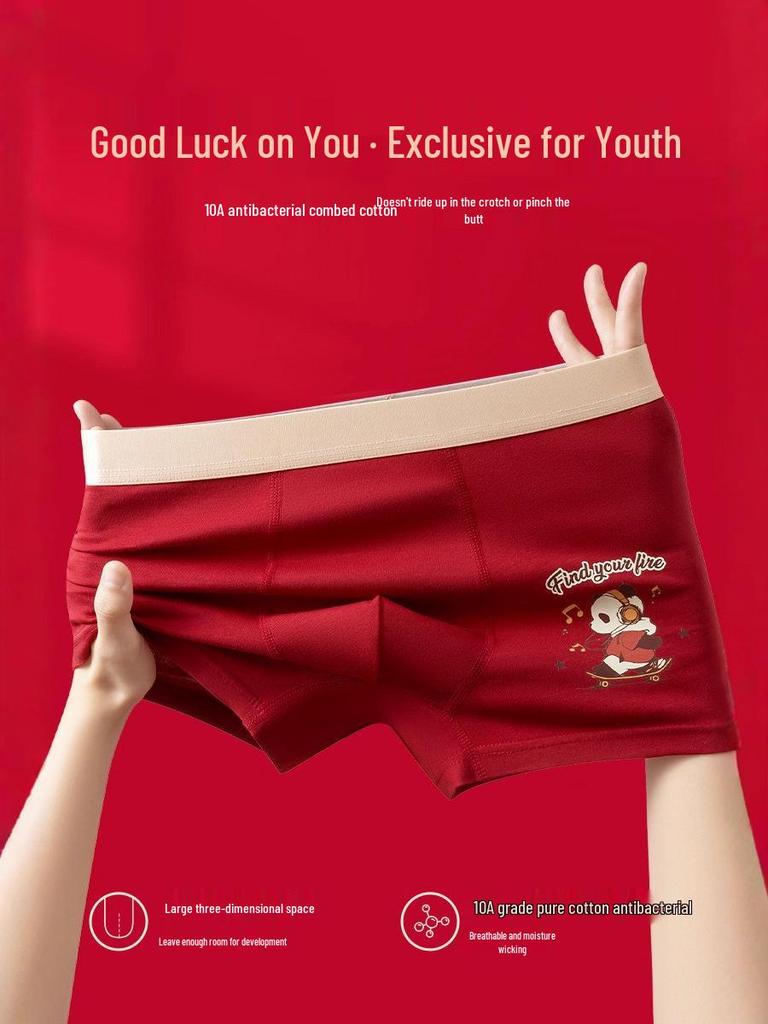 Teen Boys' Red Boxer Briefs - Year of the Rat Pure Cotton Underwear