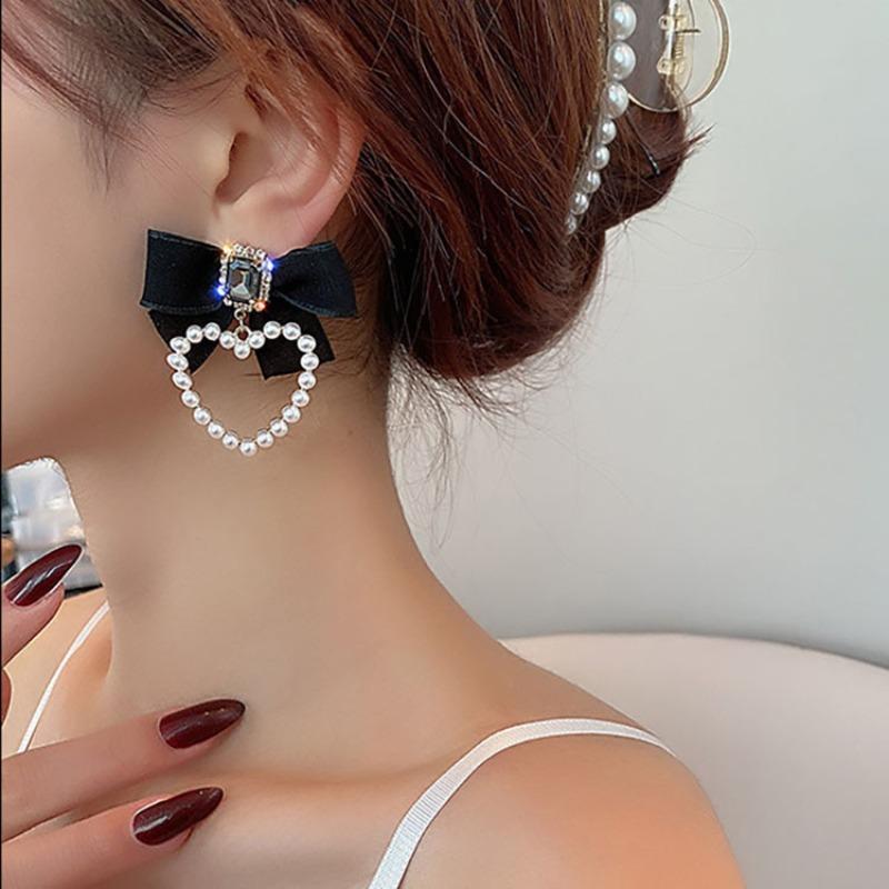 Accessories For Women Retro Rhinestone Bow Earrings For Women Big Black Bowknot Heart Shaped Drop Earring Party Jewelry Gifts