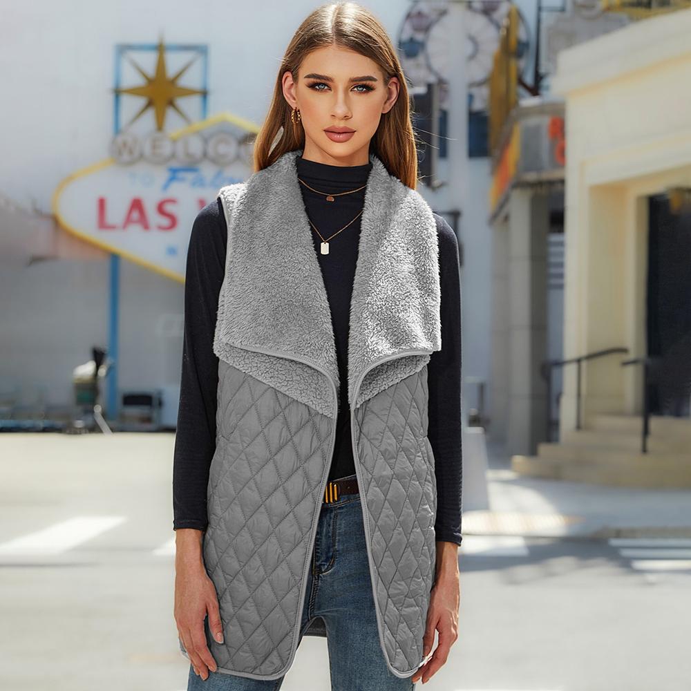 Autumn and Winter Women's Plush Splicing Cardigan Sleeveless Jacket Medium-length Vest