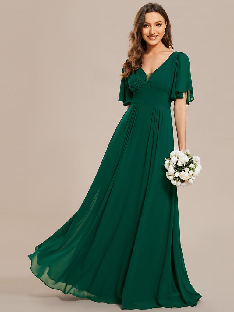 Ever-Pretty Women's Chiffon A-Line Empire Waist Floor Length V Neck Wedding Party Dress With Ruffles Sleeves
