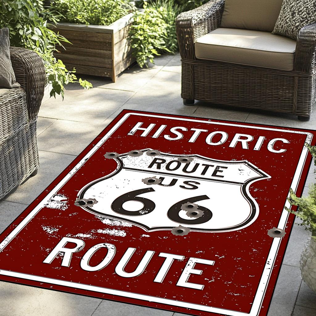 Route 66 Vintage Motorcycle Print Non-Slip Rug, Large Area Mat for Living Room Bedroom Bathroom Kitchen Decor