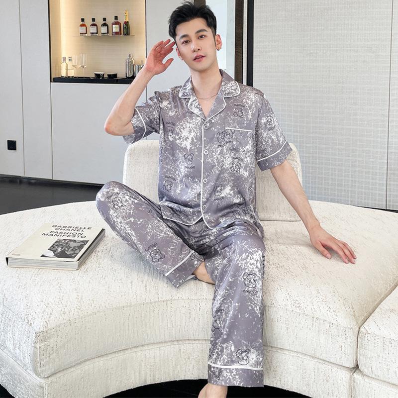 Men's new ice silk pajamas, short-sleeved trousers, spring lapel suit, literary and artistic casual loungewear can be worn outside