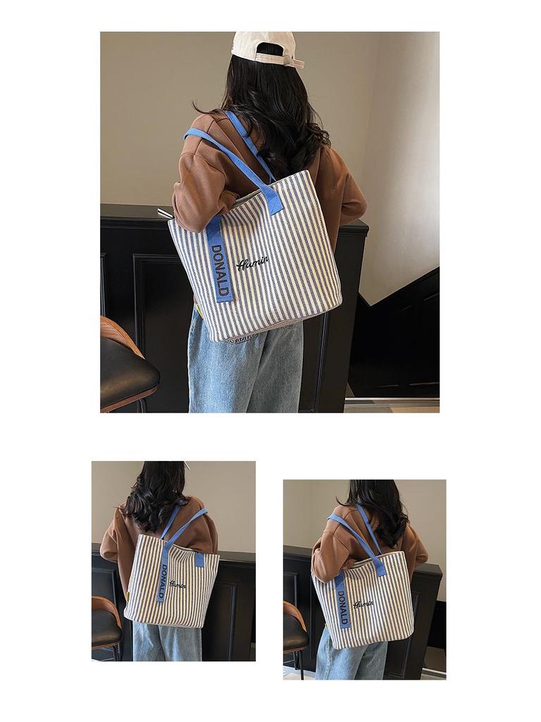 Bolsa de Ombro de Lona Listrada de Grande Capacidade para Mulheres - Tote Versátil para Estudantes e Pendulares