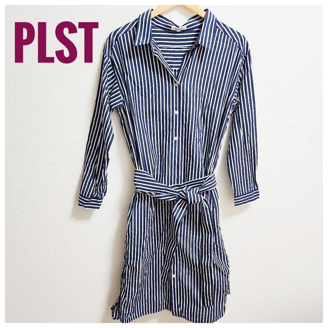 PLST Navy x white striped shirt dress M with waist ribbon