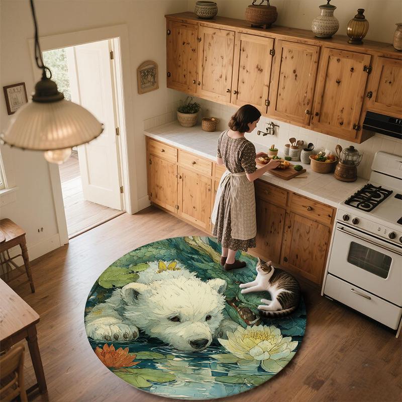 Pond Lotus Animals,Round Area Rug,Carpet Rug for Living Room Bedroom Sofa Playroom Decor,Non-slip Floor Mat