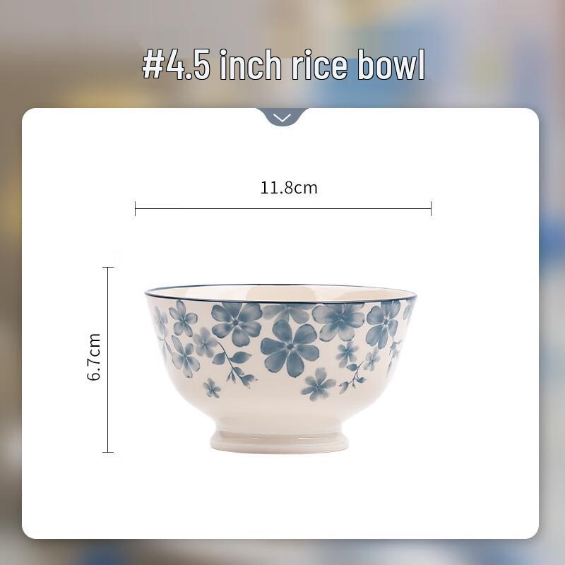ZISIZ Blue Begonia Underglaze Ceramic Rice Bowl Set