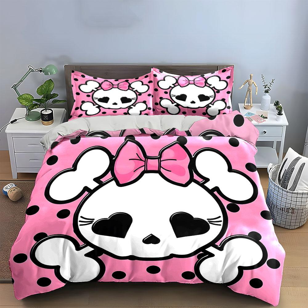 "Pink Skull Pattern Decoration Set" Soft Skin-Friendly Bedding Set Includes 1 Duvet Cover And 2 Pillowcase, Gift