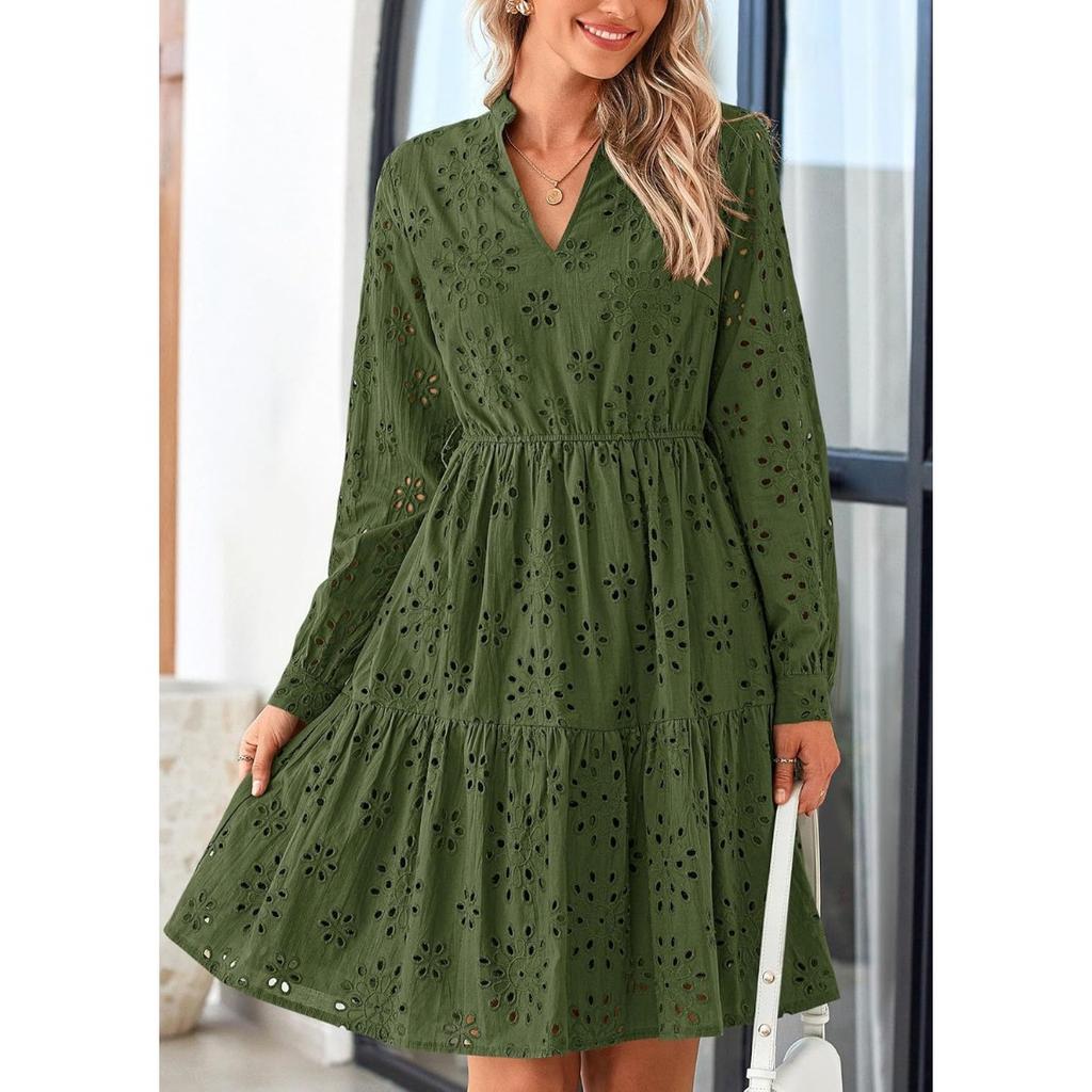 Spring Autumn Women's Hollow Out Long Sleeve Dress, European American Fashion Elegant Casual Dress