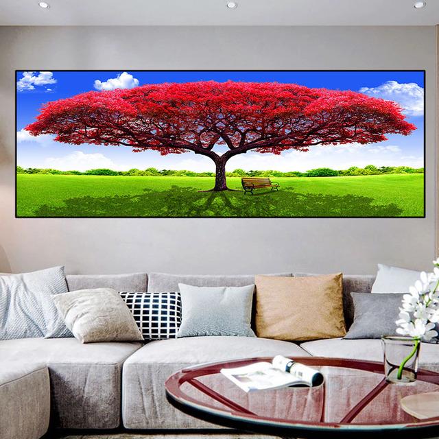 Abstract Red Green Big Tree Wooden Chair Landscape Canvas Painting Posters and Prints Wall Art Pictures Room Home Decor No Frame