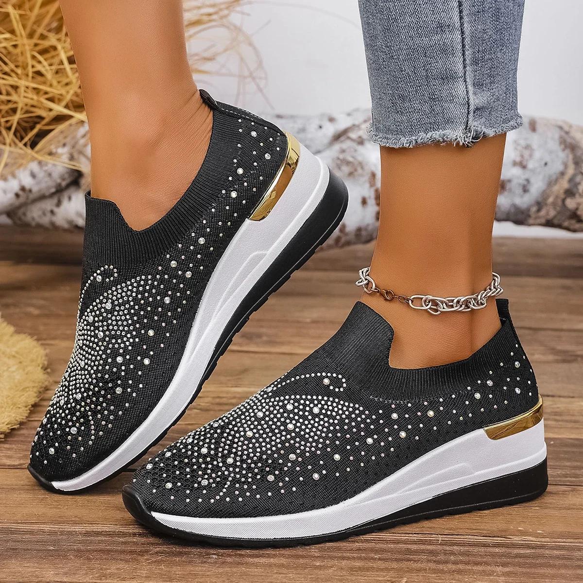 

Fashion New Women Wedges Platform Sneakers Round Toe Casual Sneakers Fashion Slip-on Non Slip Mesh Shoes Bling Women Plus Size 36 43 42 чорний