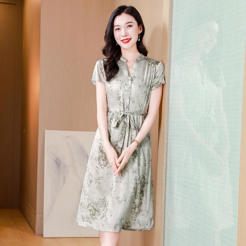 Summer Silk Dress Printed Elegant Intellectual Lace-up Waist Mulberry Silk Short-sleeved Dress