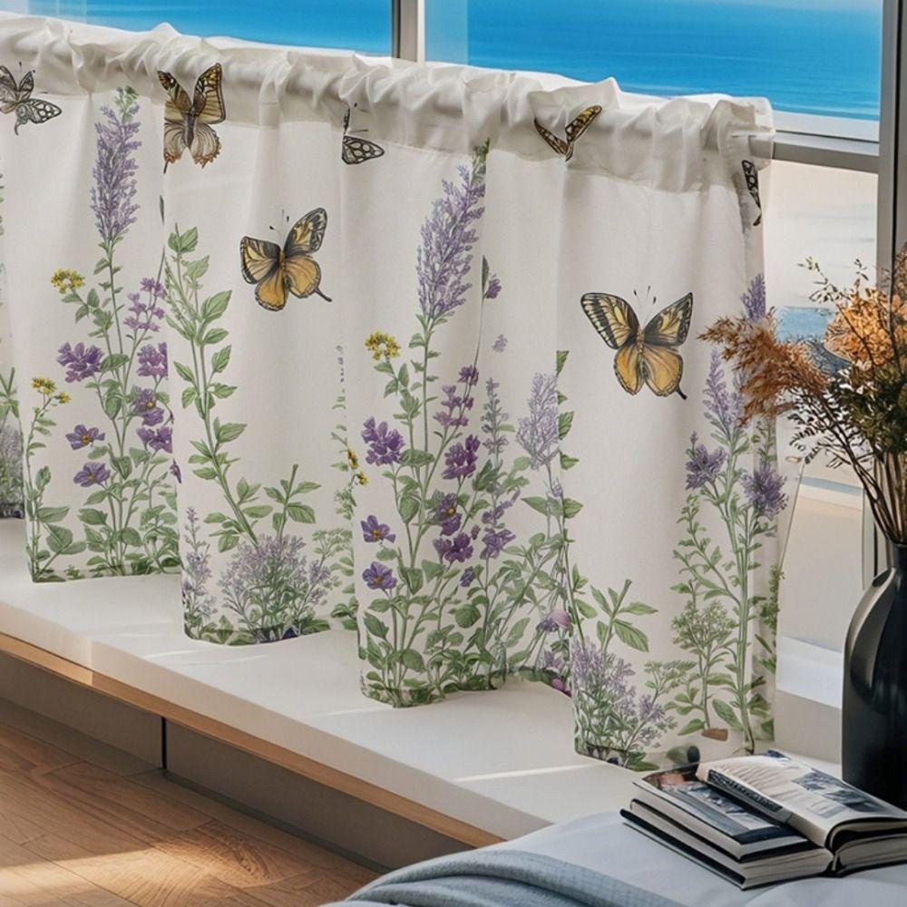 Butterfly Lavender Print Cabinet Window Decor Partition Voile Curtain  for Living Room Bedroom