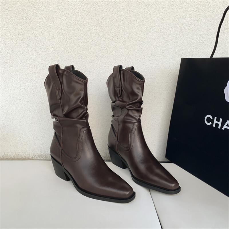 Fashion New Autumn Winter Split Leather Women Boots Fashion Pleated Square Toe Knight Boots for Women Chunky Heel Mid-calf Boots Shoes