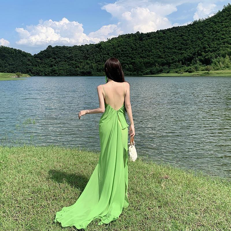 Western Sichuan Grassland Design Sense Green Swing Neck Slightly Transparent Chiffon Suspender Dress Backless Vacation Beautiful Long Dress