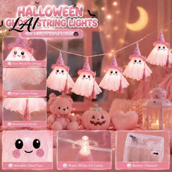 Whimsical Witch Hat Ghost Decor LED String Lights for Halloween Decorations Cute Hanging Gauze Lamps Holiday Room Ornament with Warm White