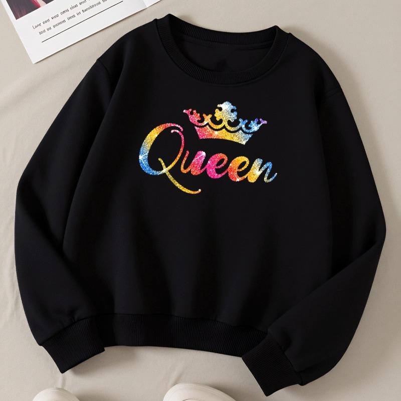 Kids Crewneck Long Sleeve Sweatshirt, Glitter Crown Queen Rainbow Sparkle Print 110 чёрный