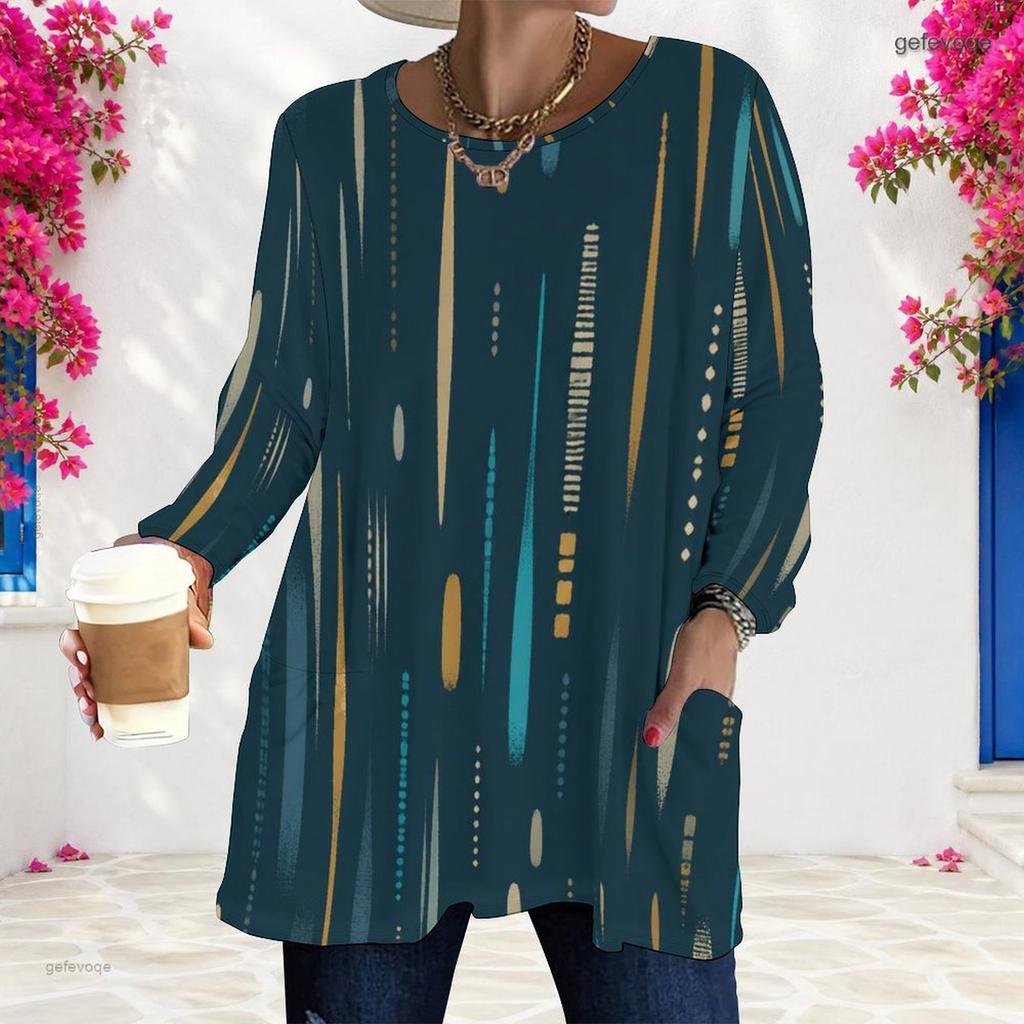 Women Plus Size Round Neck Long Sleeve Printed T Shirt Loose Fit Pockets Longline Top