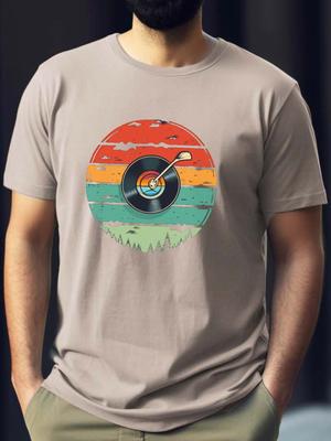 Retro Vinyl Record Sunset Forest Graphic Tee Men Casual Breathable Cotton TShirt