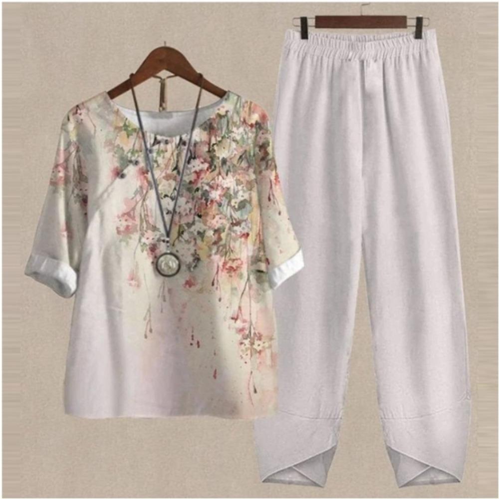 Women's Casual Two-Piece Floral Print Outfit Five-Point Sleeve Tops and Elastic Waist Pants Set