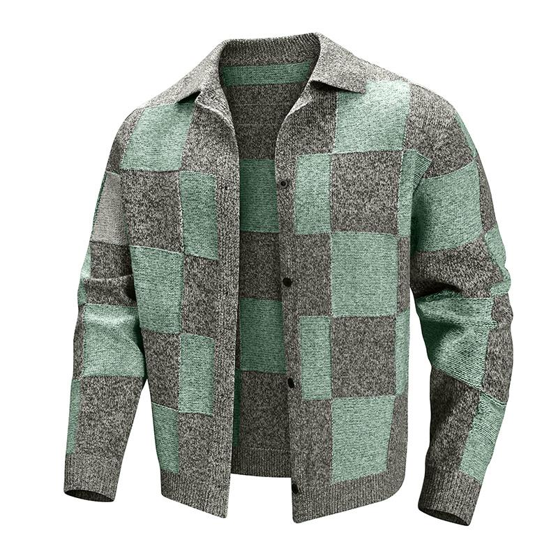 Men's Retro Color-blocked Plaid Lapel Knitted Cardigan Long-sleeved Sweater Jacket