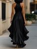 Elegant Satin V-Neck Sleeveless Ruffle Dress for Women