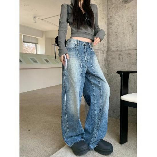 Women s American Retro Patchwork Washed Jeans - Autumn Wide Leg Distressed Raw Hem Slimming Trousers Small