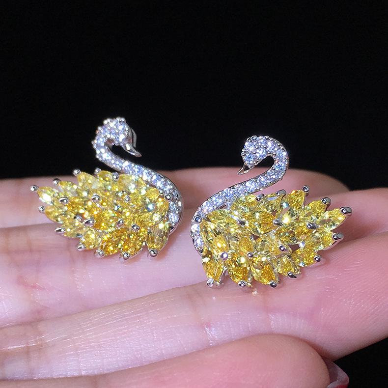 Korean Style Black & White Swan Zirconia Stud Earrings with S925 Silver Needle - Versatile & Elegant.