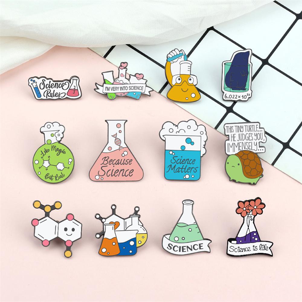 Cartoon Science Brooch Cute Funny Chemical Scientific Experiment Test Tube Beaker Enamel Pin for Student Bag Lapel Badge Jewelry