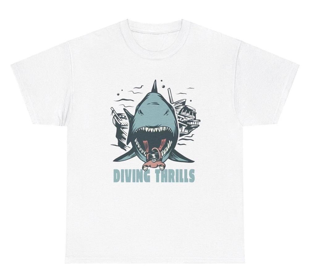 Diving Thrills Shark T Shirt Funny Diver Hobby Meme Gag Gift Tee S