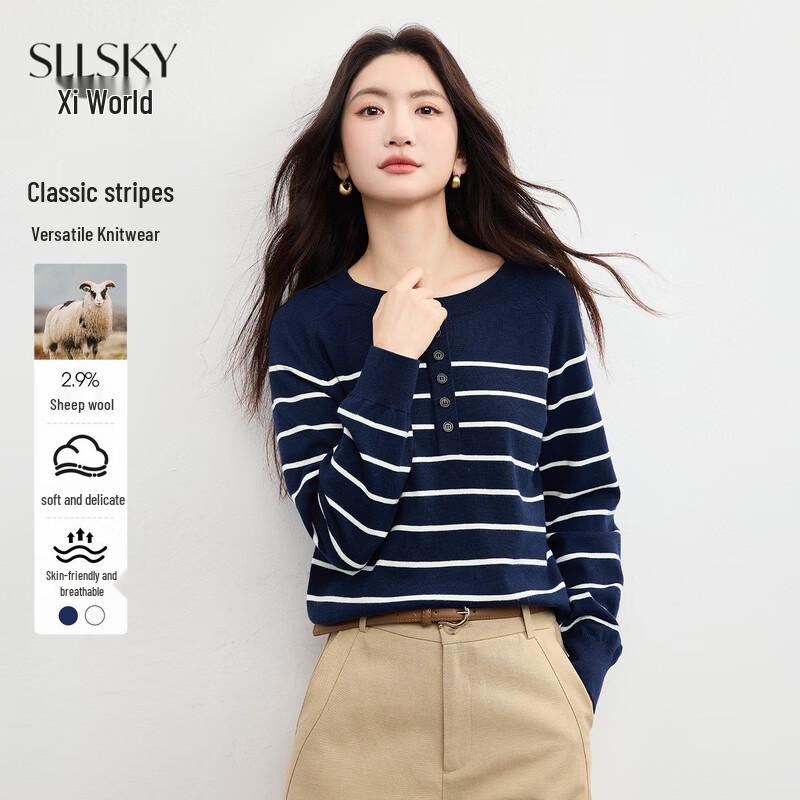 SLLSKY Women s Classic Striped Wool Blend Round Neck Sweater M
