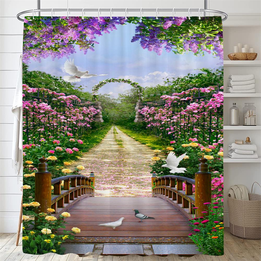Beautiful Pastoral Garden Scenery Shower Curtain Rose Garden Flower Polyester Waterproof Bathroom Shower Curtain Decor Curtain