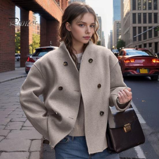 Loose Fit Women Jacket Fall Winter Single-breasted Double-breasted Thickened Cardigan Coat Long Sleeves Stand Collar Chest Pockets Outwear Casual