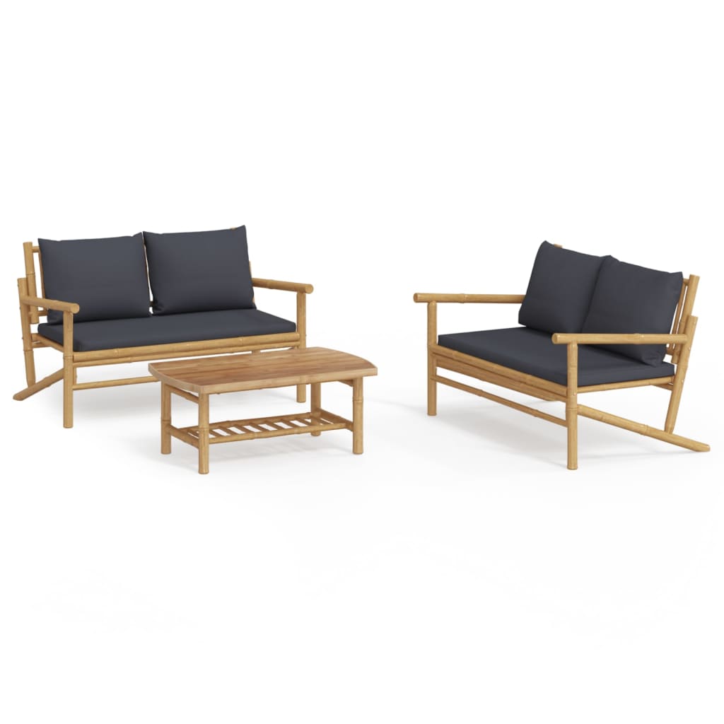 3 Piece Garden Lounge Set with Dark Gray Cushions Bamboo