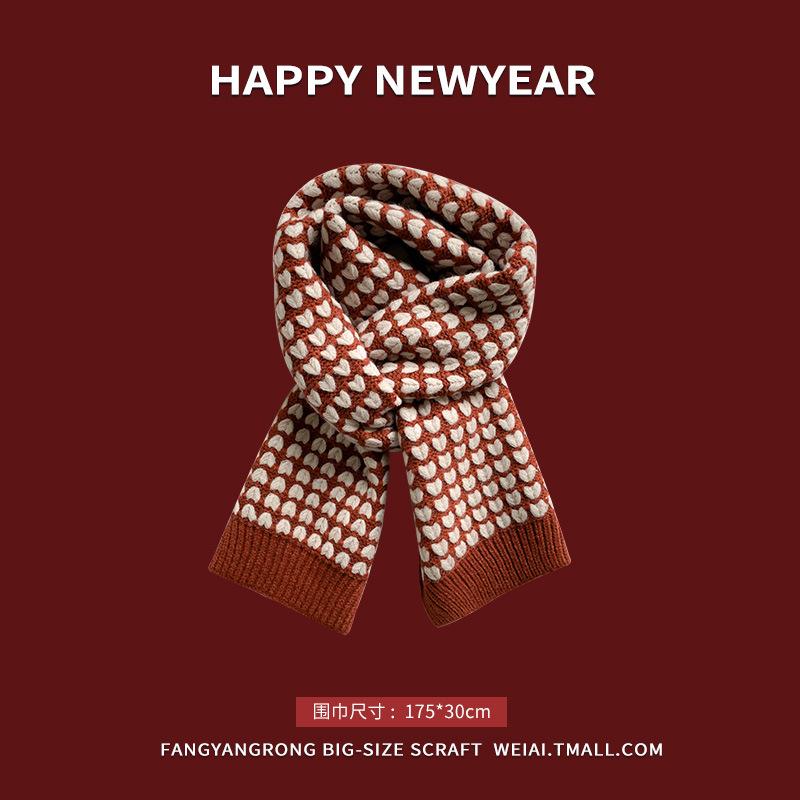 Red New Year's Scarf Women's Winter Christmas Knitted Wool Scarf Versatile Thickened To Keep Warm Student Tide