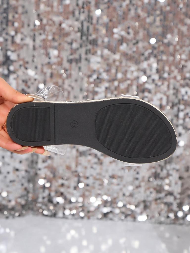 2024 Summer Rhinestone Pigeon Egg One-Strap Flat Sandals for Women - Large Size, Outdoor Beach Style