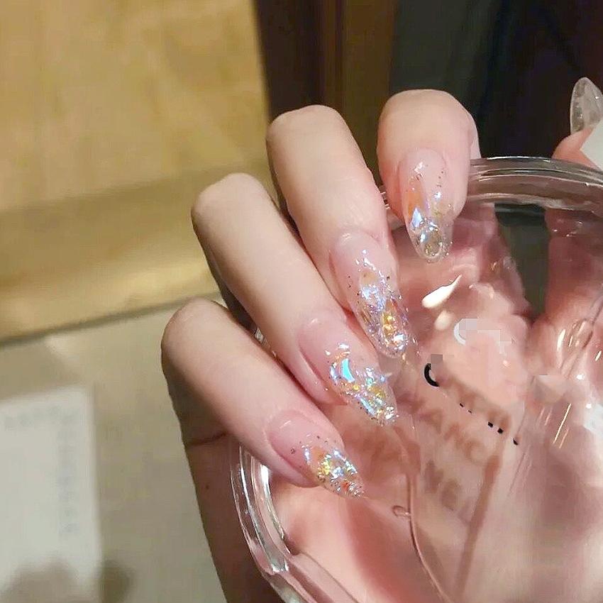 24Pcs Pink Silver Glitter Diamond Fake Nails Long Ballerina Press On Nails Reusable False Nail Tips Set