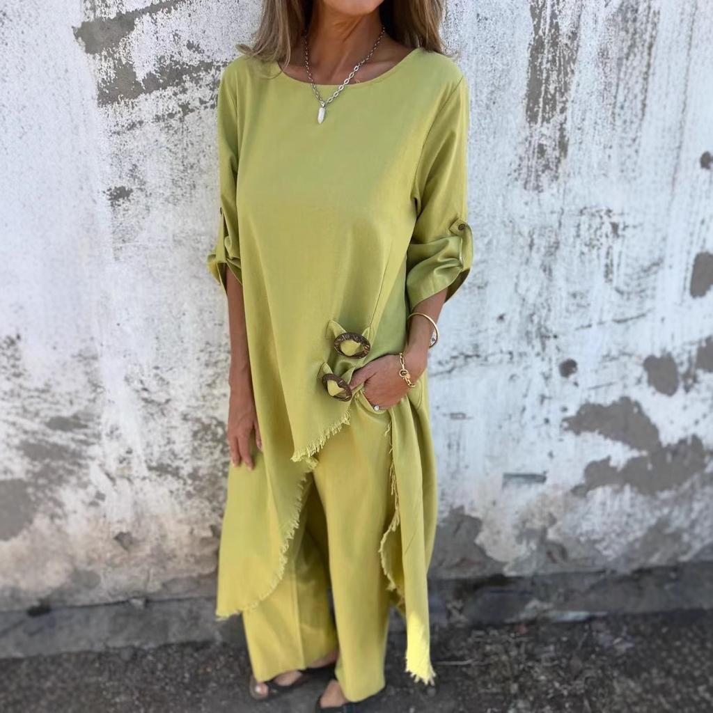 Spring Summer 2 Pcs/Set Women Top Pants Suit Ninth Sleeves with Cufflink Irregular Ripped Mid Length Blouse Wide Leg Trousers Set Casual Daily Outfit