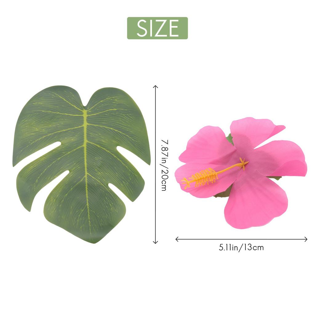 AT21-180 Pcs Tropical Party Decoration Supplies 8 Inch Tropical Palm Monstera Leaves And Hibiscus Flowers, Simulation Leaf
