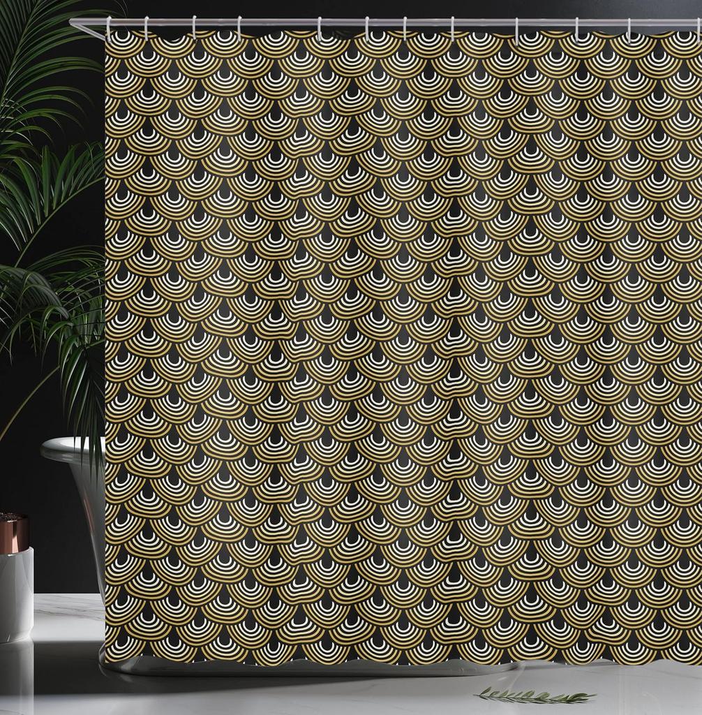 Gold Black Art Deco Pattern Shower Curtain Geometric Design Linen160X180