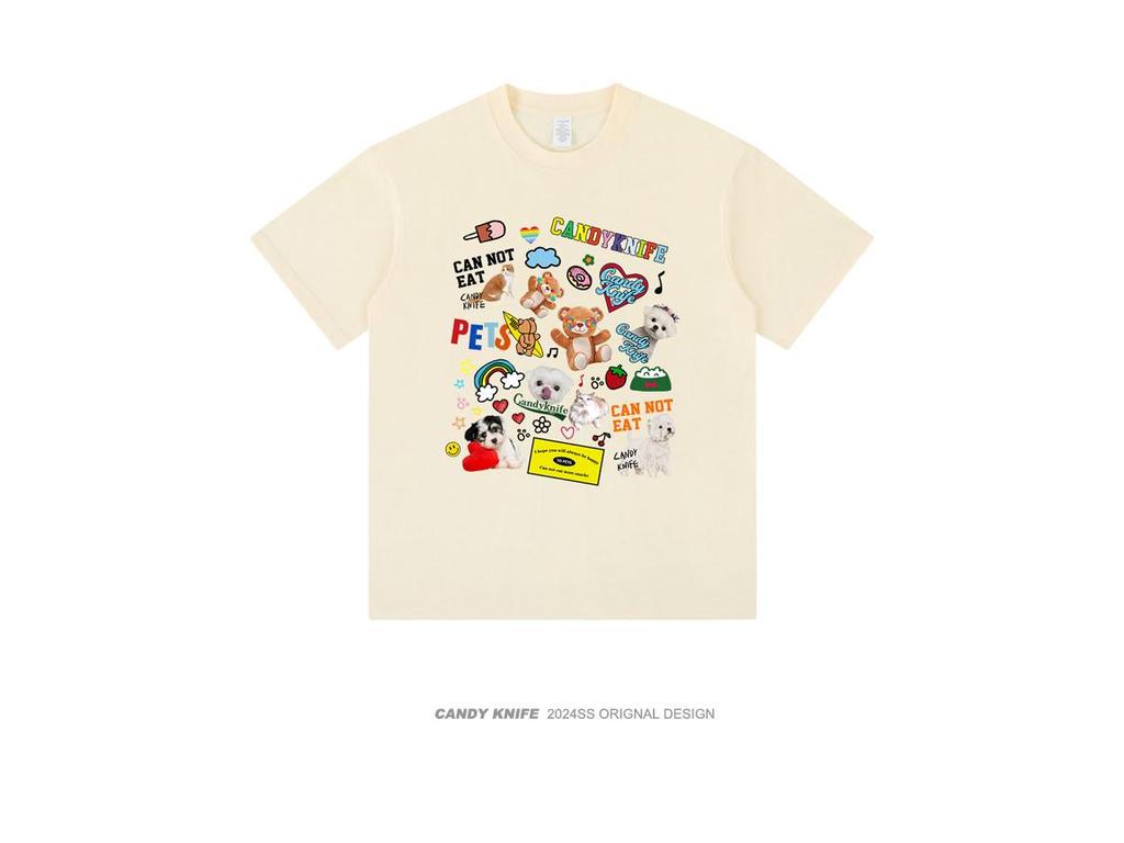 Ulzzang Cartoon Print Drop Shoulder Short Sleeve T-Shirt for Men & Women - Loose Fit