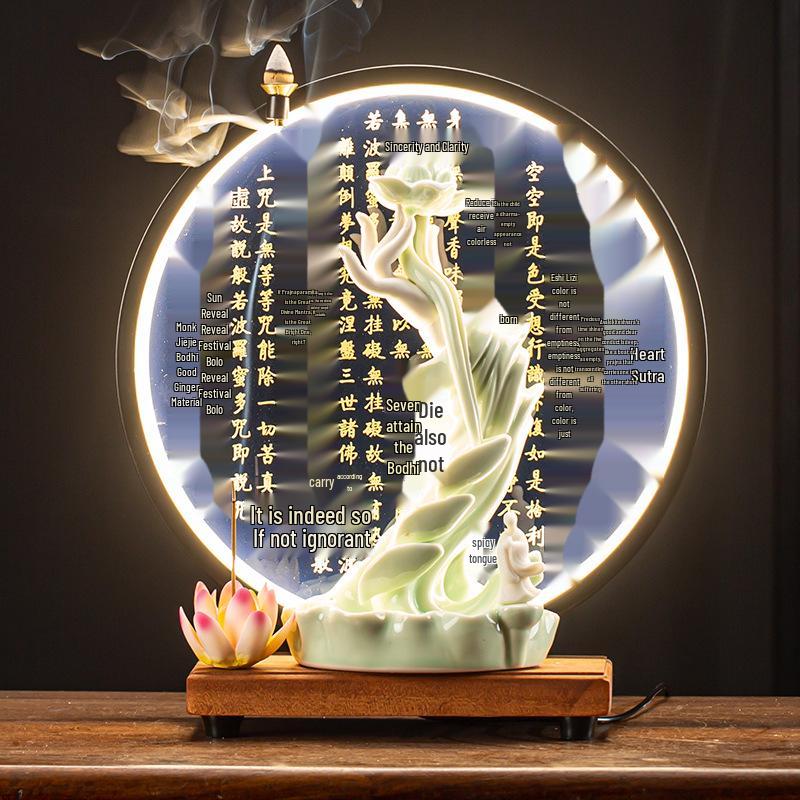 Zen Buddha Hand Ceramic Backflow Incense Burner with Light Ring and Heart Sutra Ornament for Indoor Decor