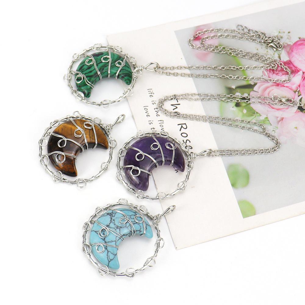 Hand-Woven Natural Crystal Agate Amethyst Moon Pendant Necklace Couple Jewelry N590