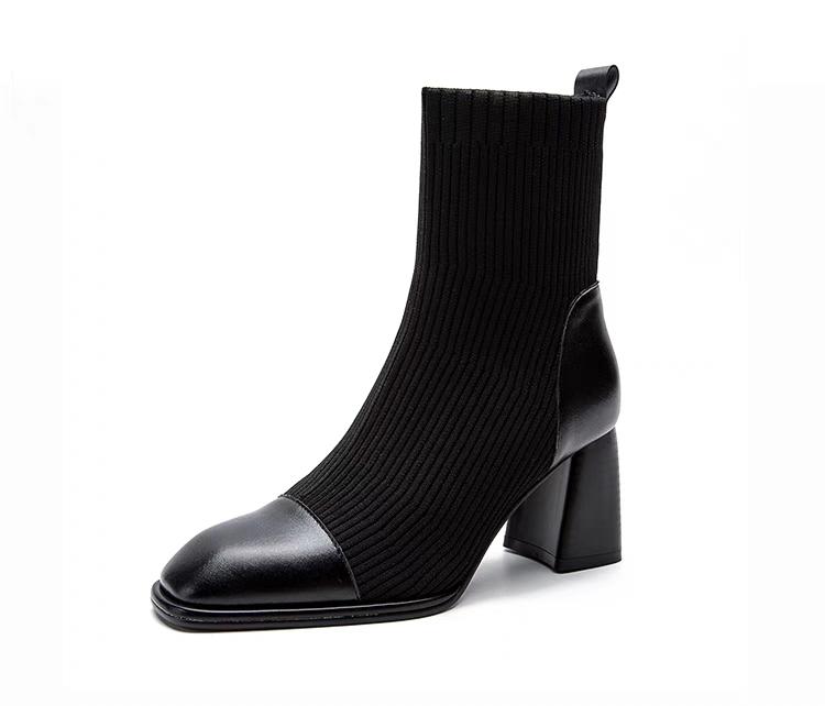 

Fashion Thick High Heel Short Boots Autumn Winter New Popular Square Headed knit Ankle Boots for Women Black Brown Elastic Heeled Boots 35 чёрный